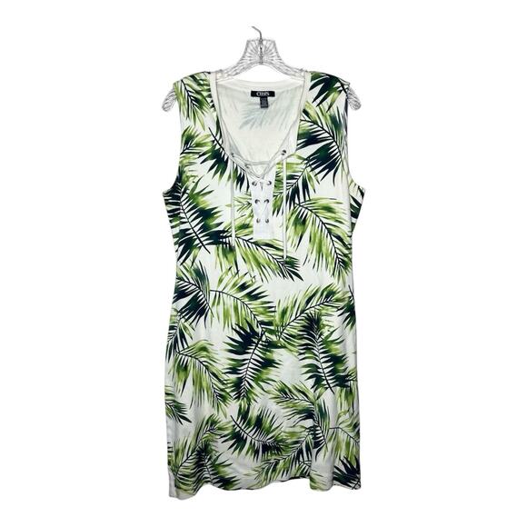 Chaps Dress Womens XL White Green Palm Leaf Print Cotton Tropical Resort Wear - Picture 1 of 8